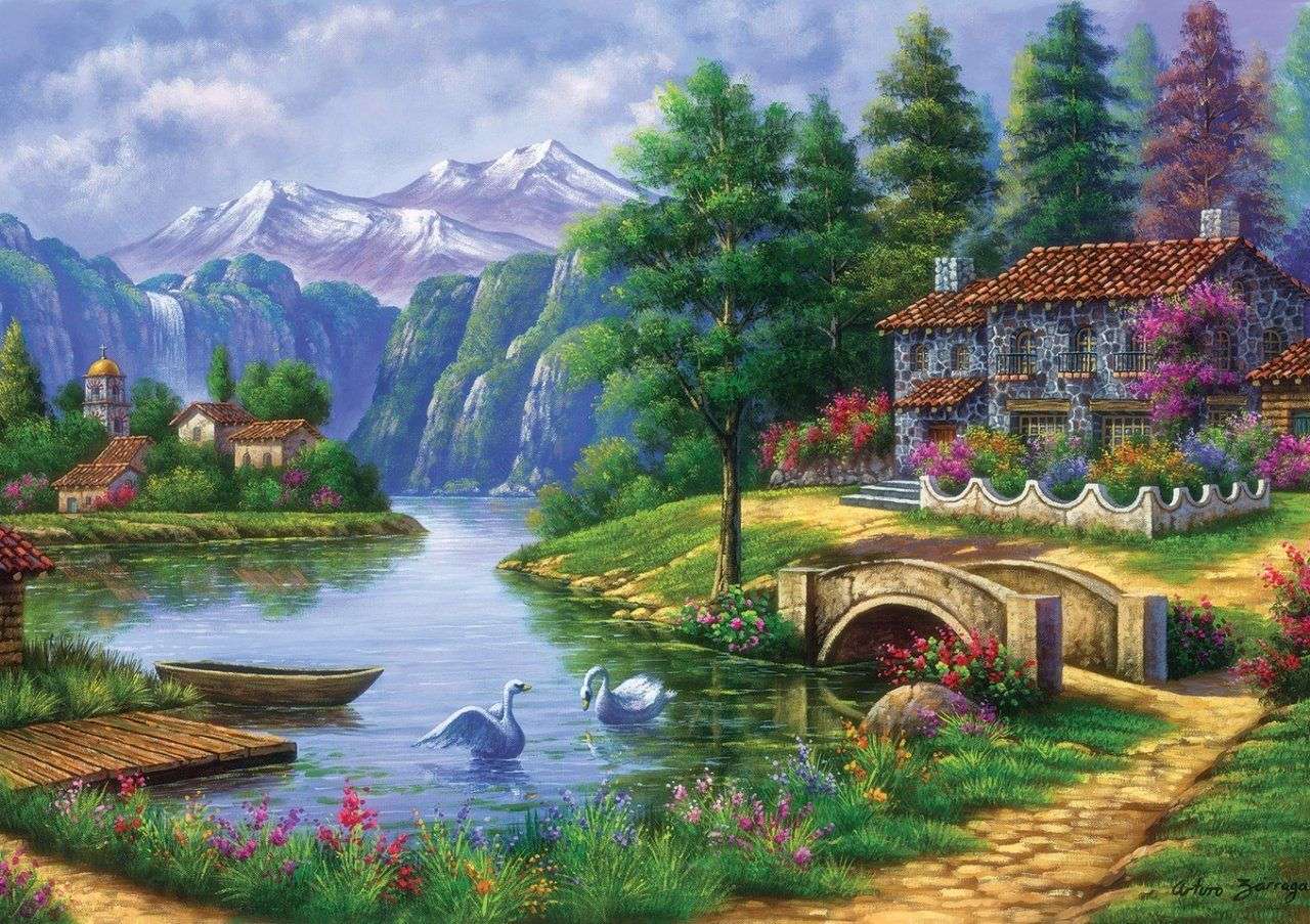 Jezioro w miasteczku w górach puzzle online