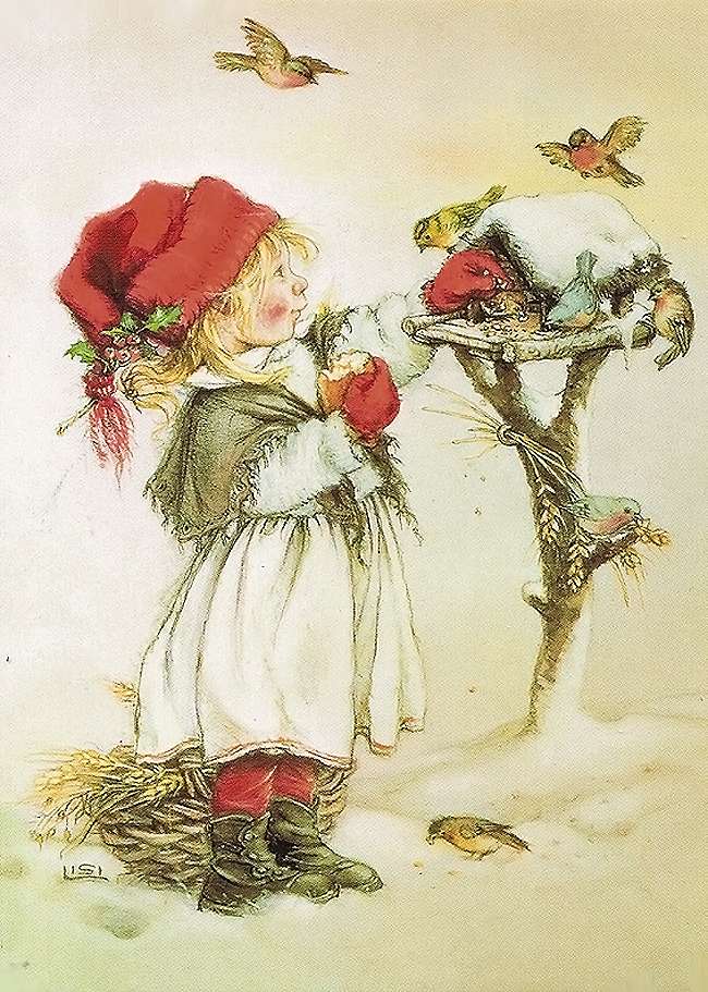 Zimowa mała dziewczynka z ptaki źródłową siecią puzzle online