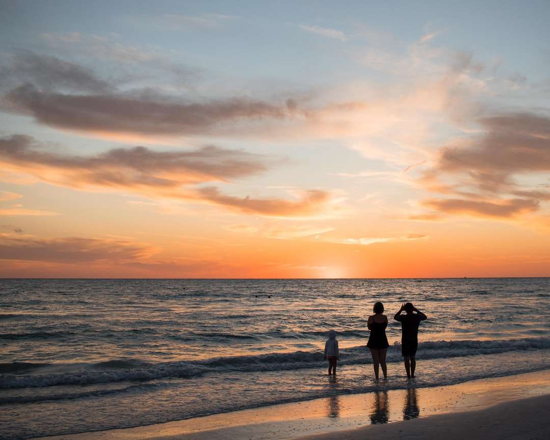 Sylwetka ludzi na plaży podczas zachodu słońca puzzle online