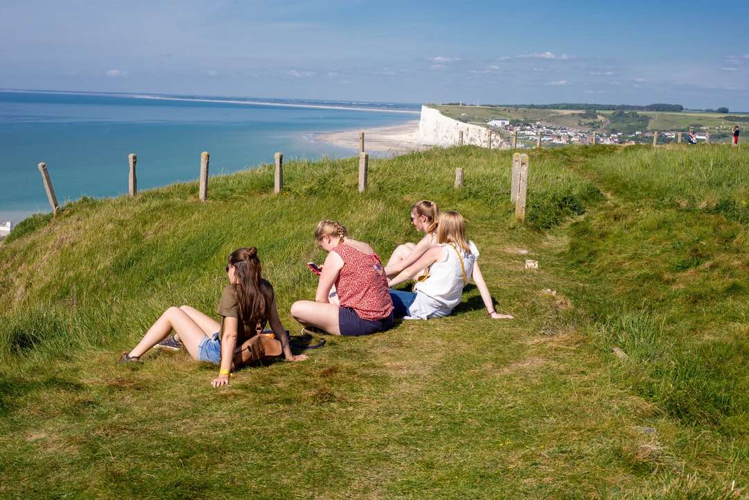 3 kobiety siedzą na polu zielonej trawy w pobliżu ciała wody puzzle online