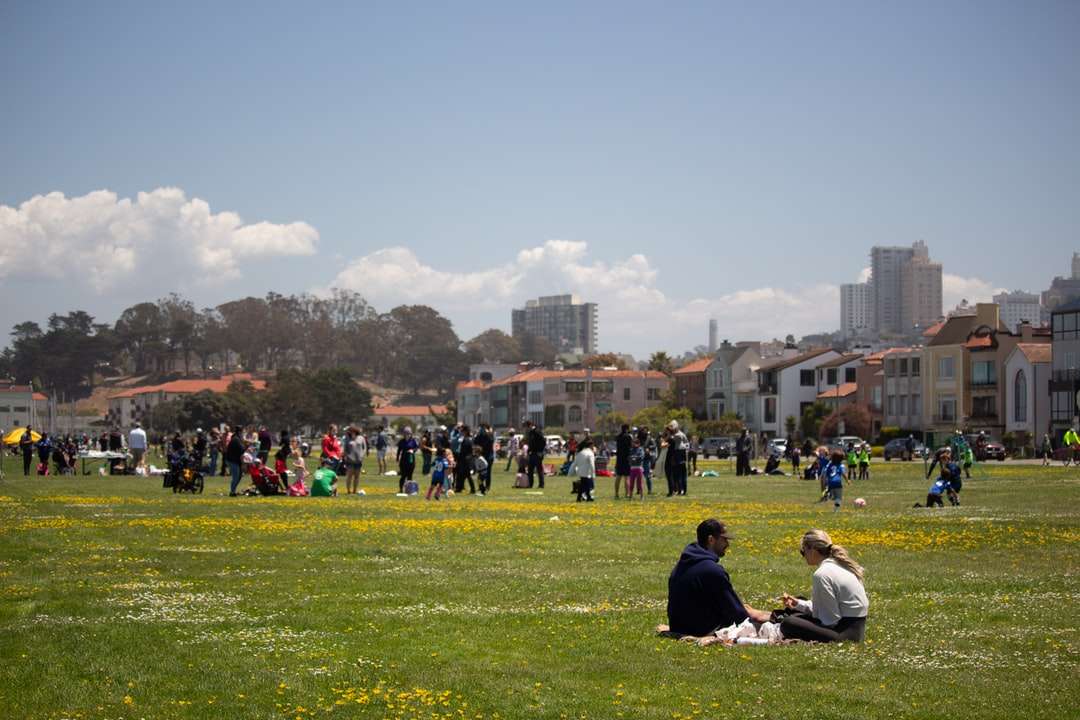 Ludzie siedzi na zielonej trawie polu w ciągu dnia puzzle online