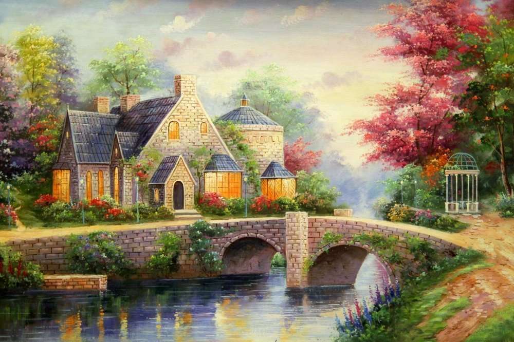 Dom przy rzece z mostem puzzle online
