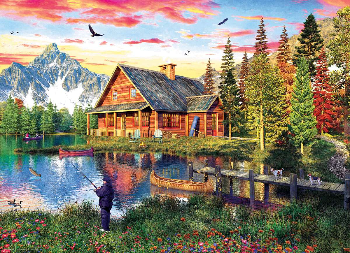 dom nad jeziorem w górach puzzle online
