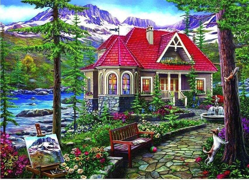 Czerwony dachowy dom w górach puzzle online