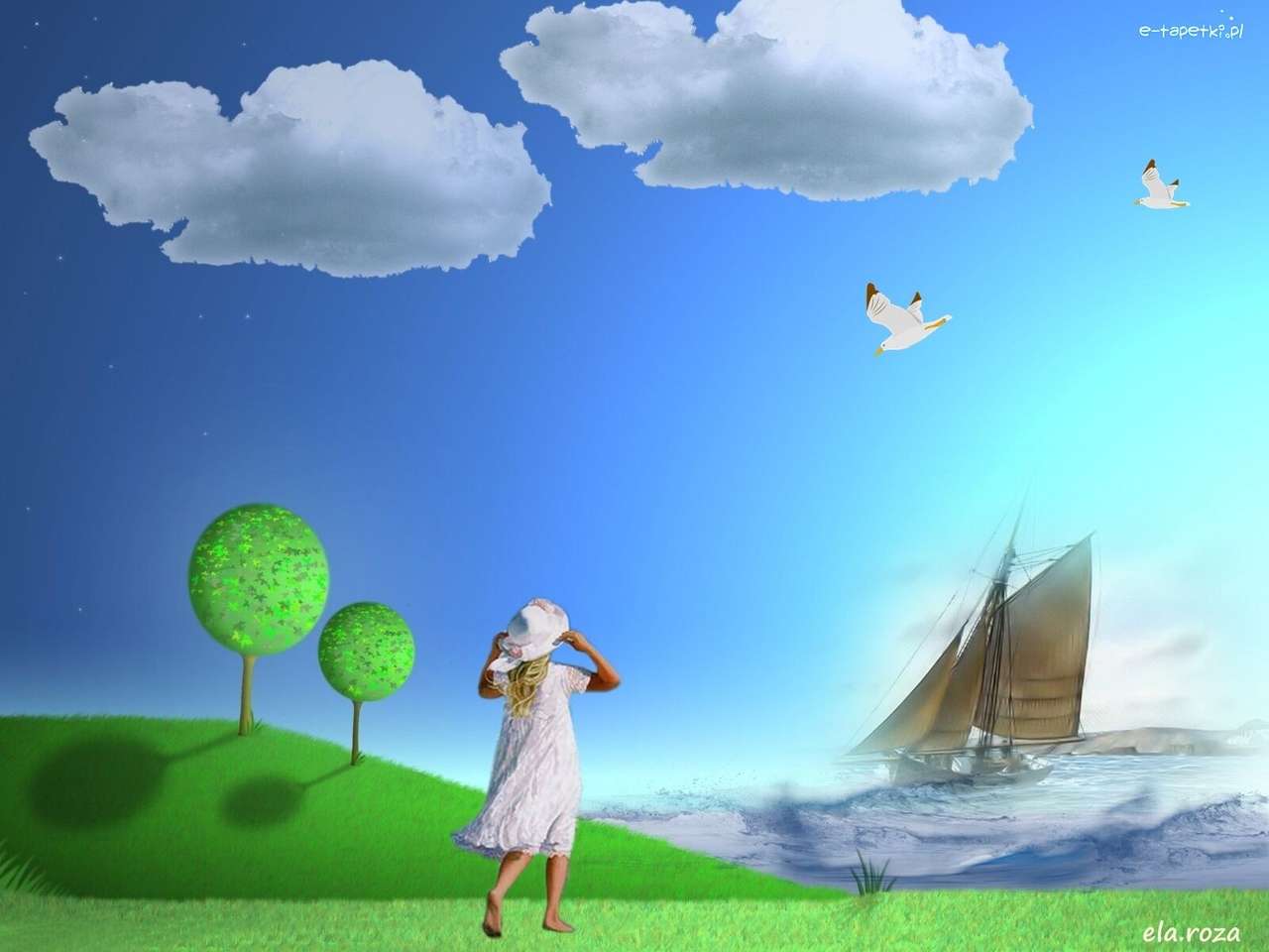 Grafika komputerowa- dziewczynka, łódź na morzu puzzle online