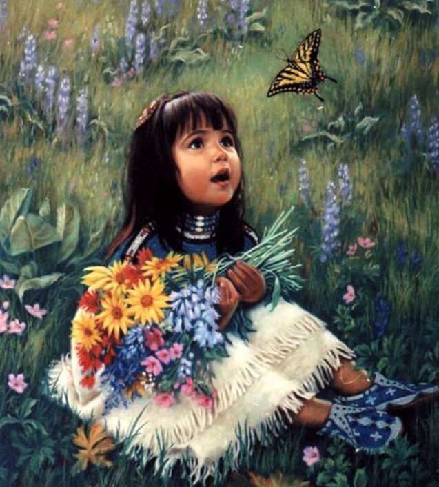 Urocza mała dziewczynka patrzeje motyla puzzle online