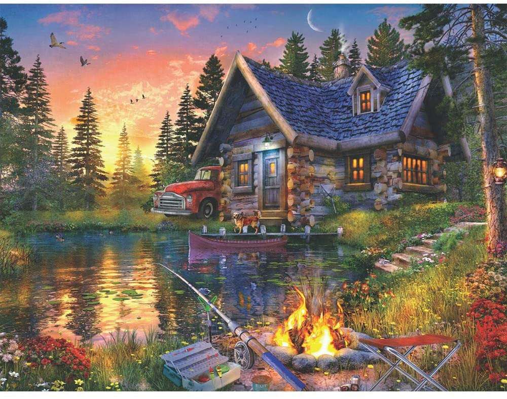 Dom w lesie przy jeziorze puzzle online