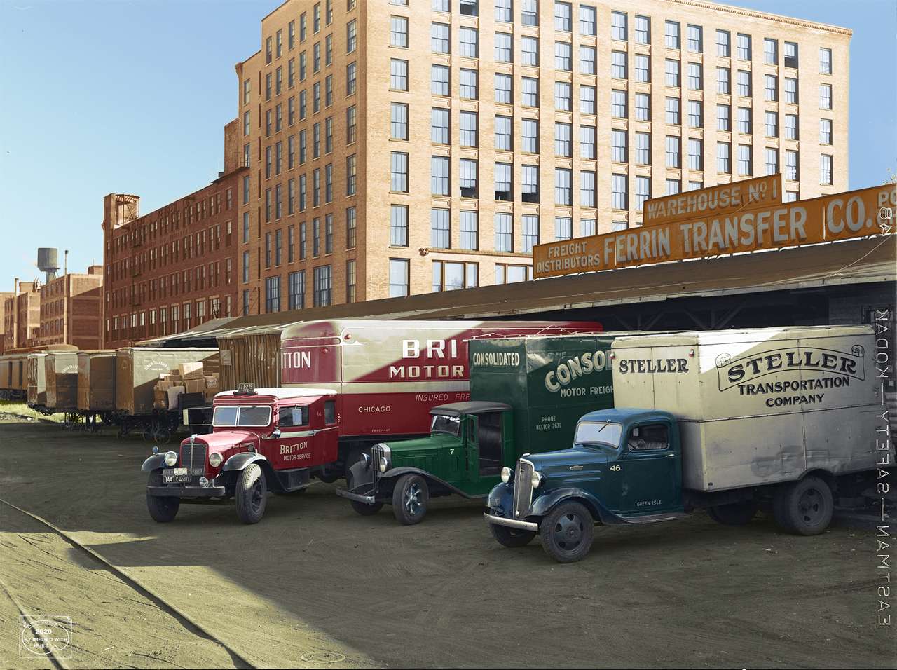 1939 - ciężarówki ładujące w magazynie terminalu. Minne puzzle online