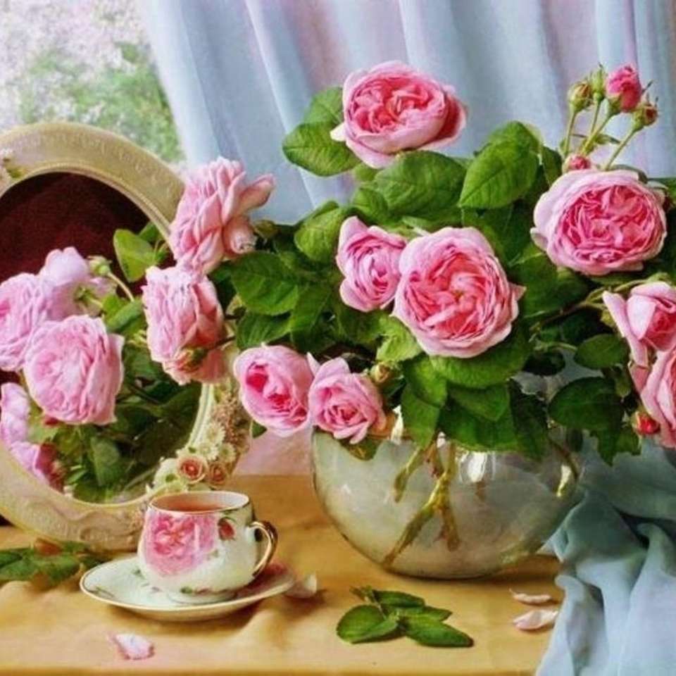 Różowe róże w wazonie puzzle online