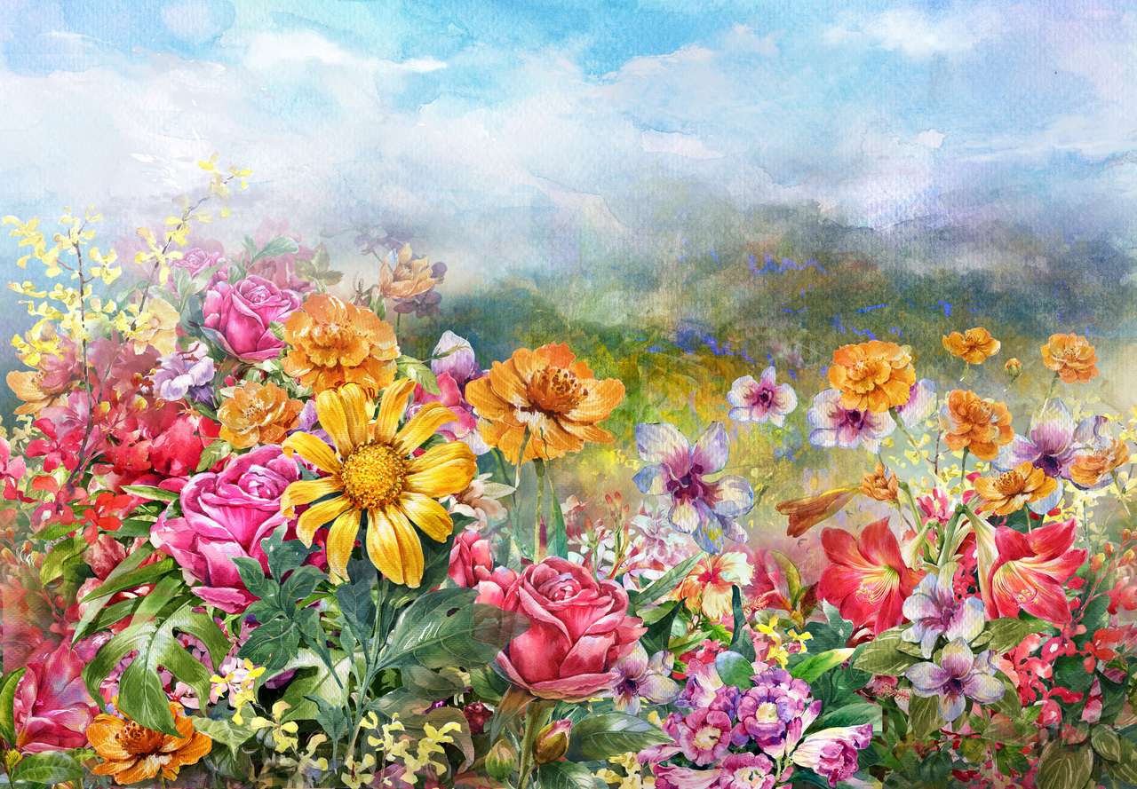 landscape of multicolored flowers puzzle online
