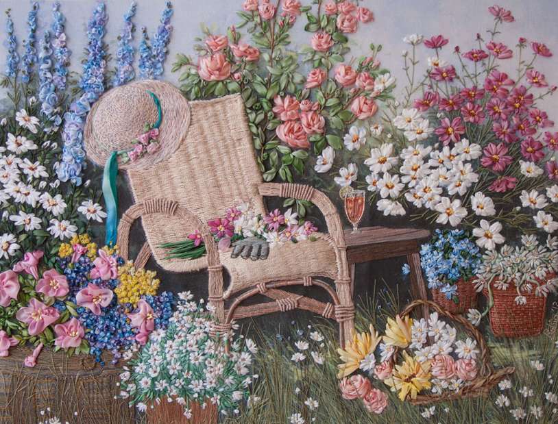 Haftowany obraz- kwiaty w ogrodzie puzzle online