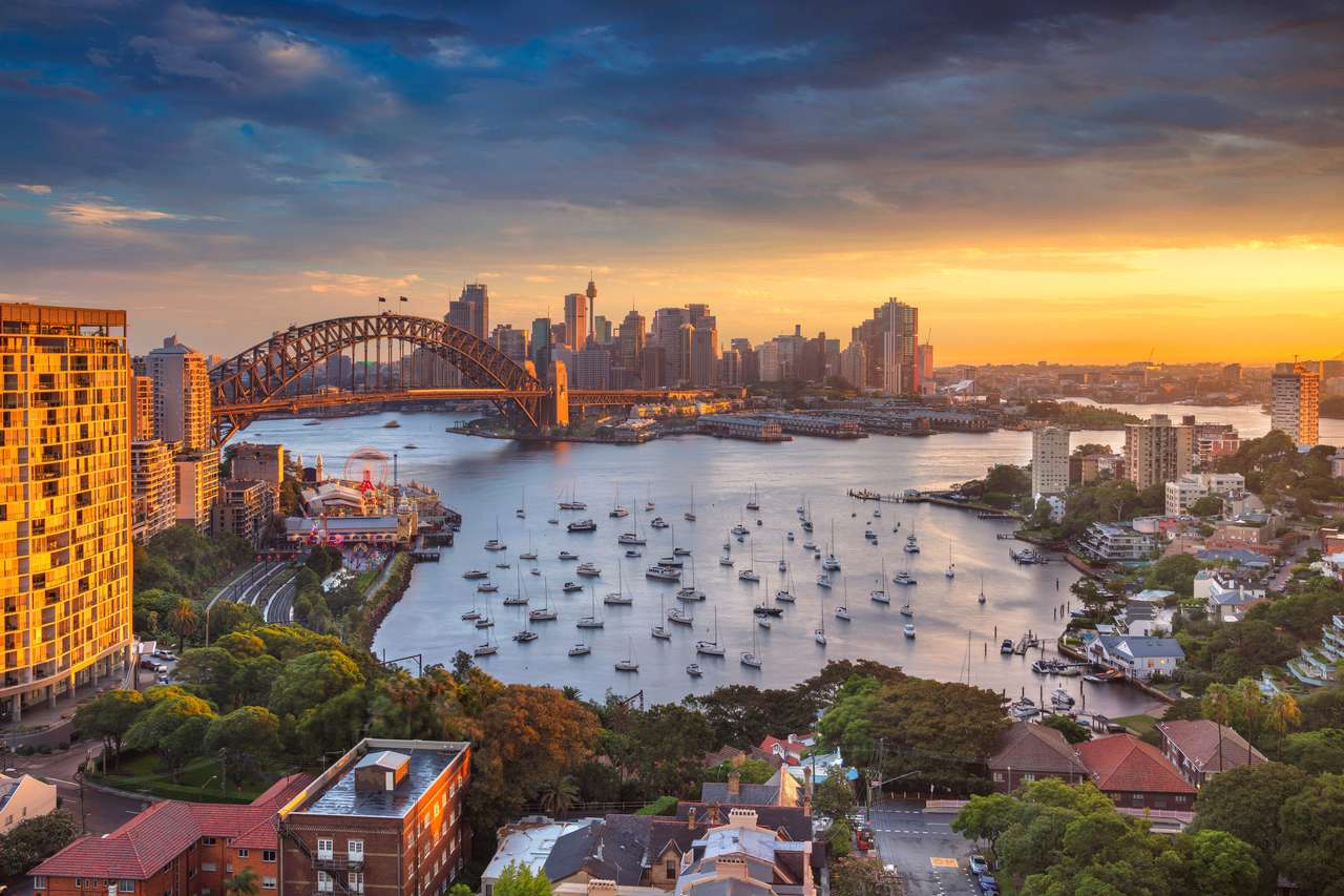 Sydnej. Cityscape obraz Sydney, Australia z Harbour Bridge i Sydney Skyline podczas zachodu słońca. puzzle online
