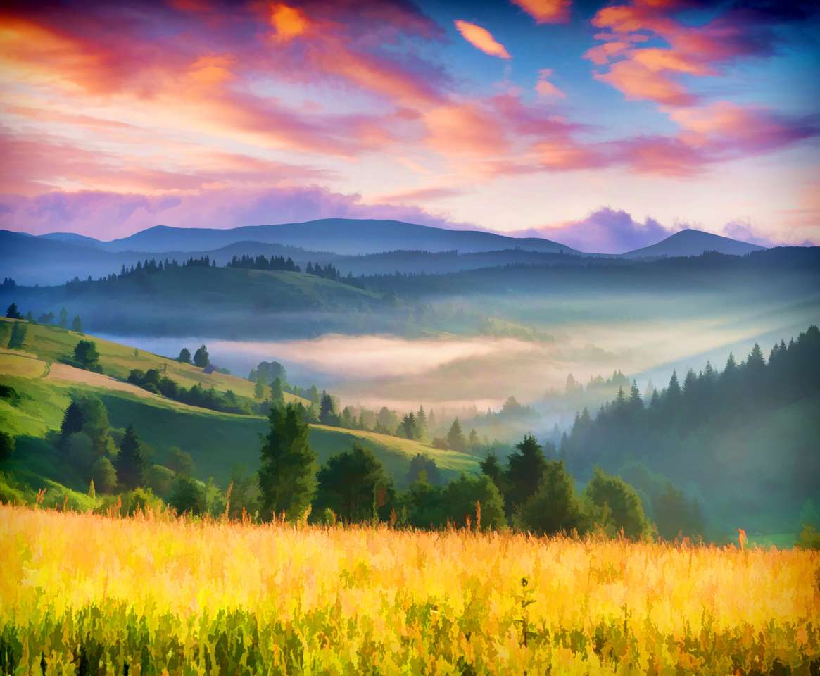 Kolorowy letni wschód słońca w górach puzzle online