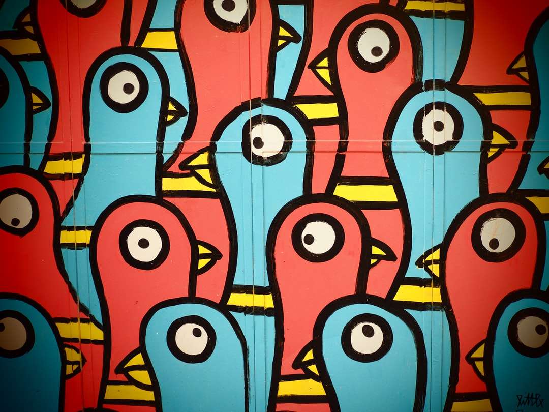 Błękitna i wielobarwna sztuka abstrakcyjna ptaków puzzle online