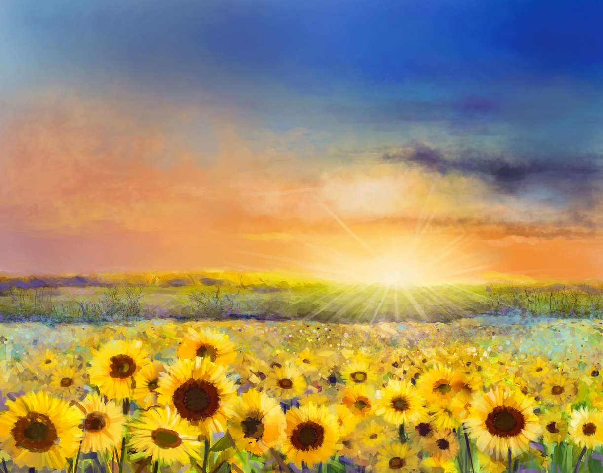 Kwiat słonecznikowy kwiat. Malowanie wiejskiego słońca krajobraz ze złotym polem słonecznika. Ciepłe światło zachodu słońca i wzgórza kolor w kolorze pomarańczowym i niebieskim w tle. puzzle online