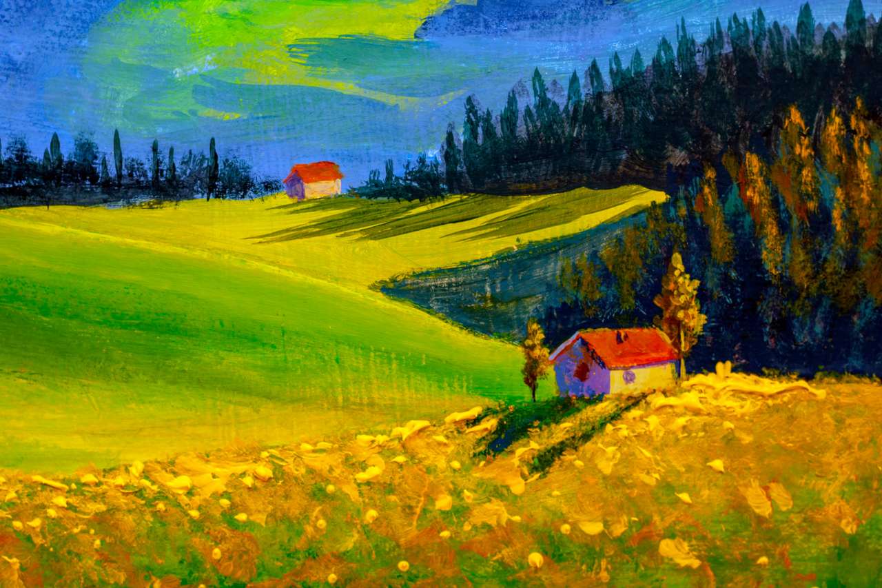Malowanie domów wiejskich na pięknych stokach na łąkach. Summer Sunny Pozytywny krajobraz Sztuka piękna. Obraz olejny na płótnie. puzzle online