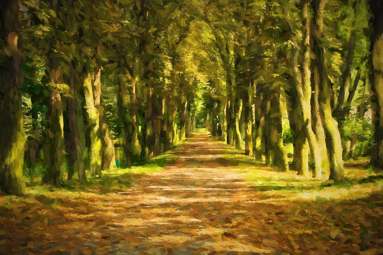 Szlak obrazu olejnego przez las jesienią. Oryginalny obraz olejny na płótnie. puzzle online