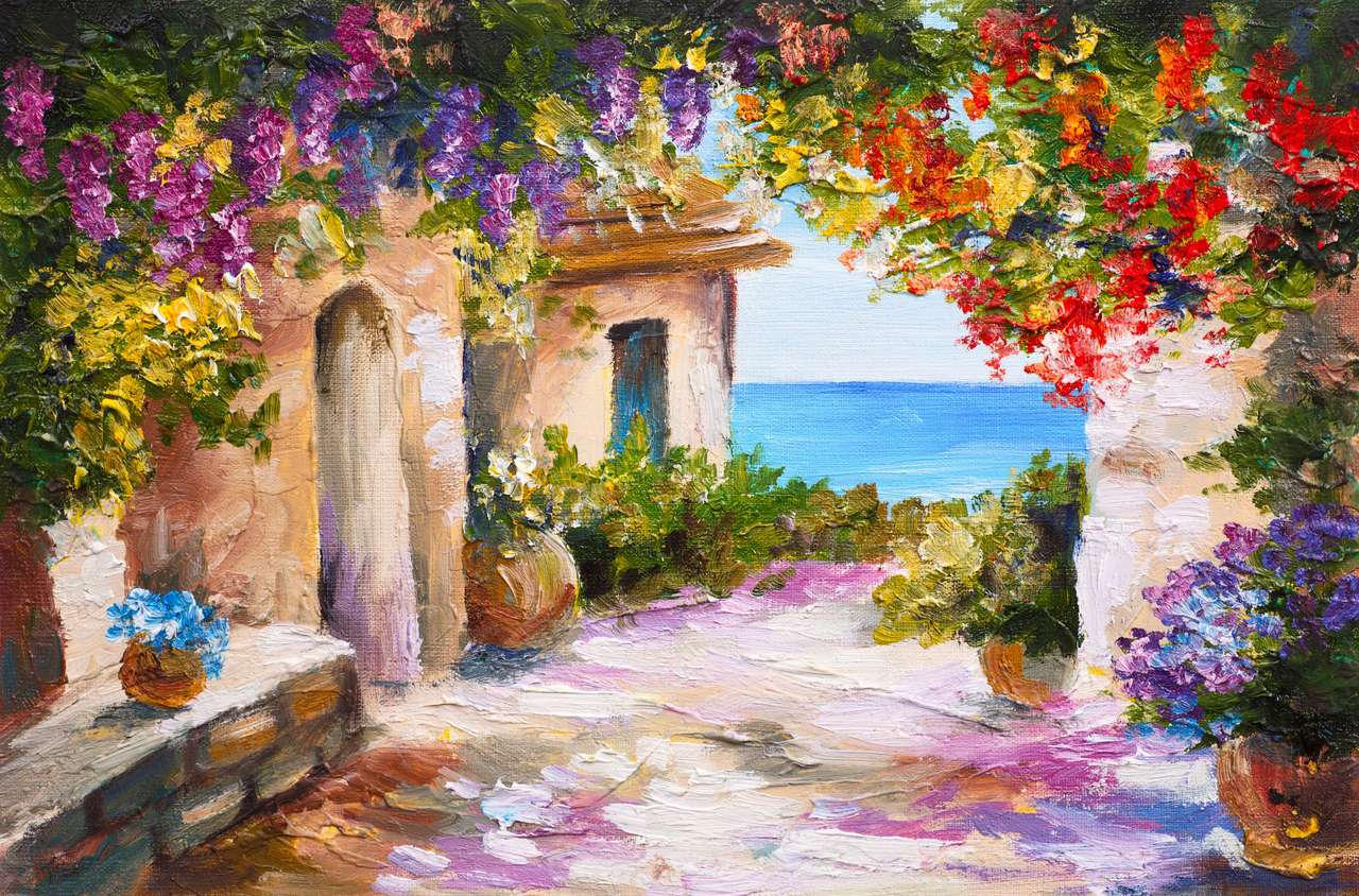 Obraz olejny - dom w pobliżu morza, kolorowe kwiaty, lato seascape puzzle online