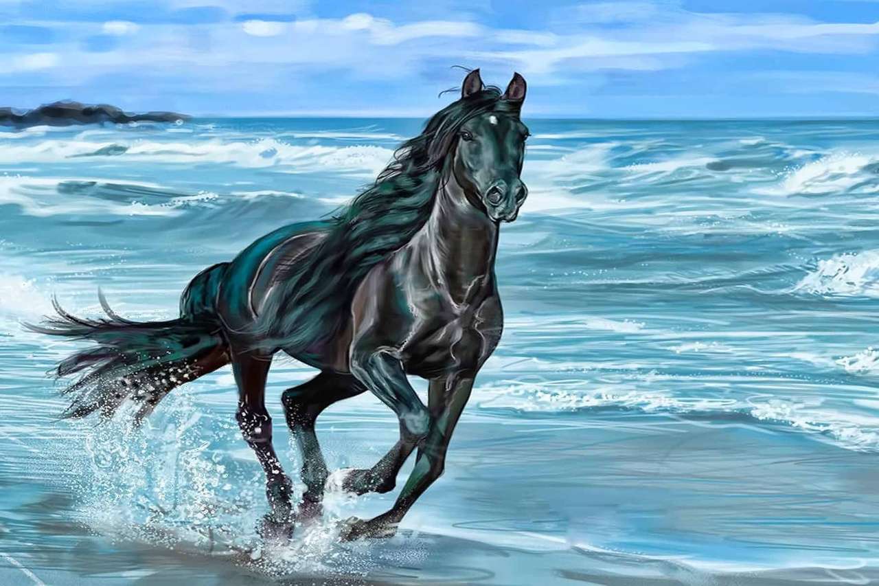 Galopujący czarny koń na brzegu morza puzzle online
