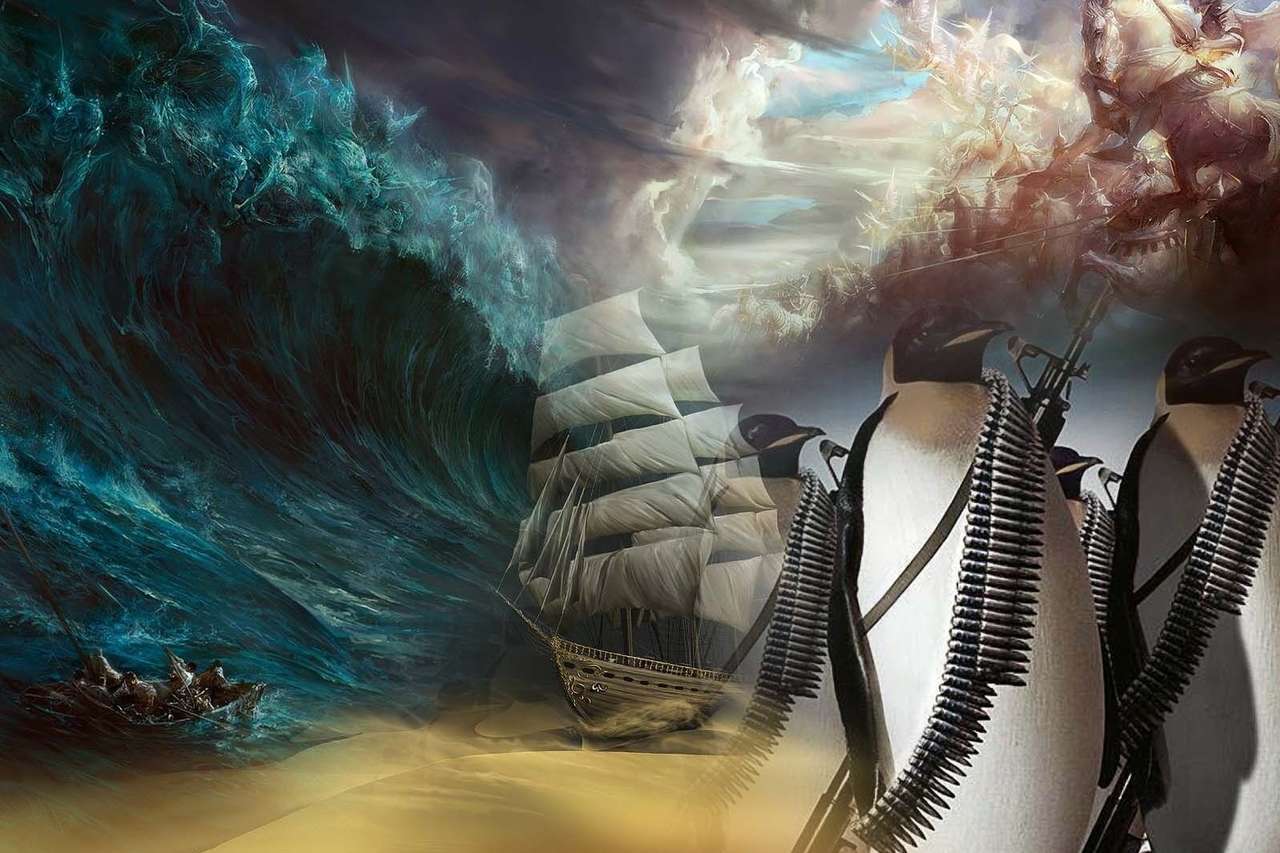 Grafika - loď na moři, armáda tučňáka skládačka