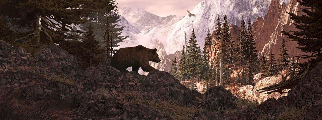 Niedźwiedź grizzly z widokiem na skalisty górski kanion puzzle online