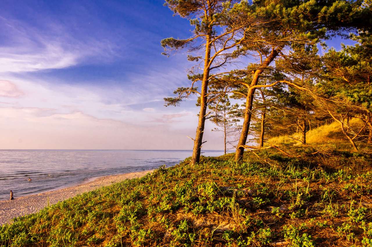 Morze Bałtyckie, zachód słońca na plaży i wydm puzzle online
