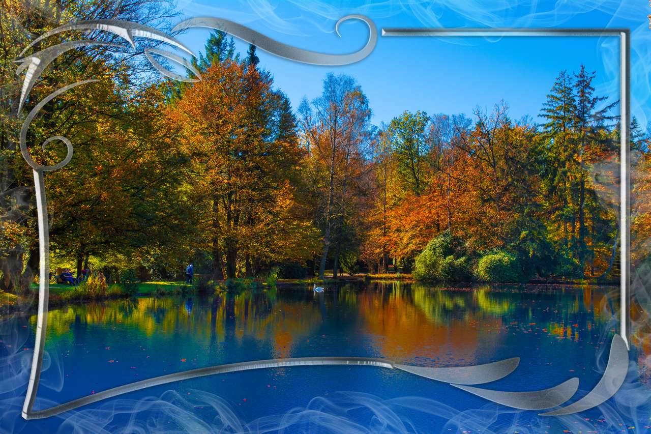 Jesień las z jeziorem puzzle online