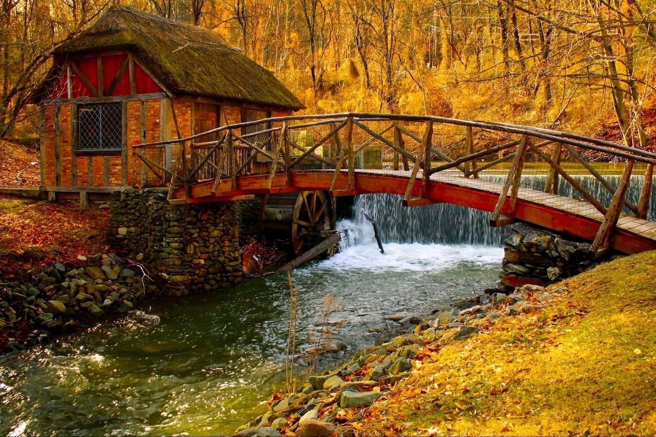 Rzeka z mostkiem i domek w lesie puzzle online