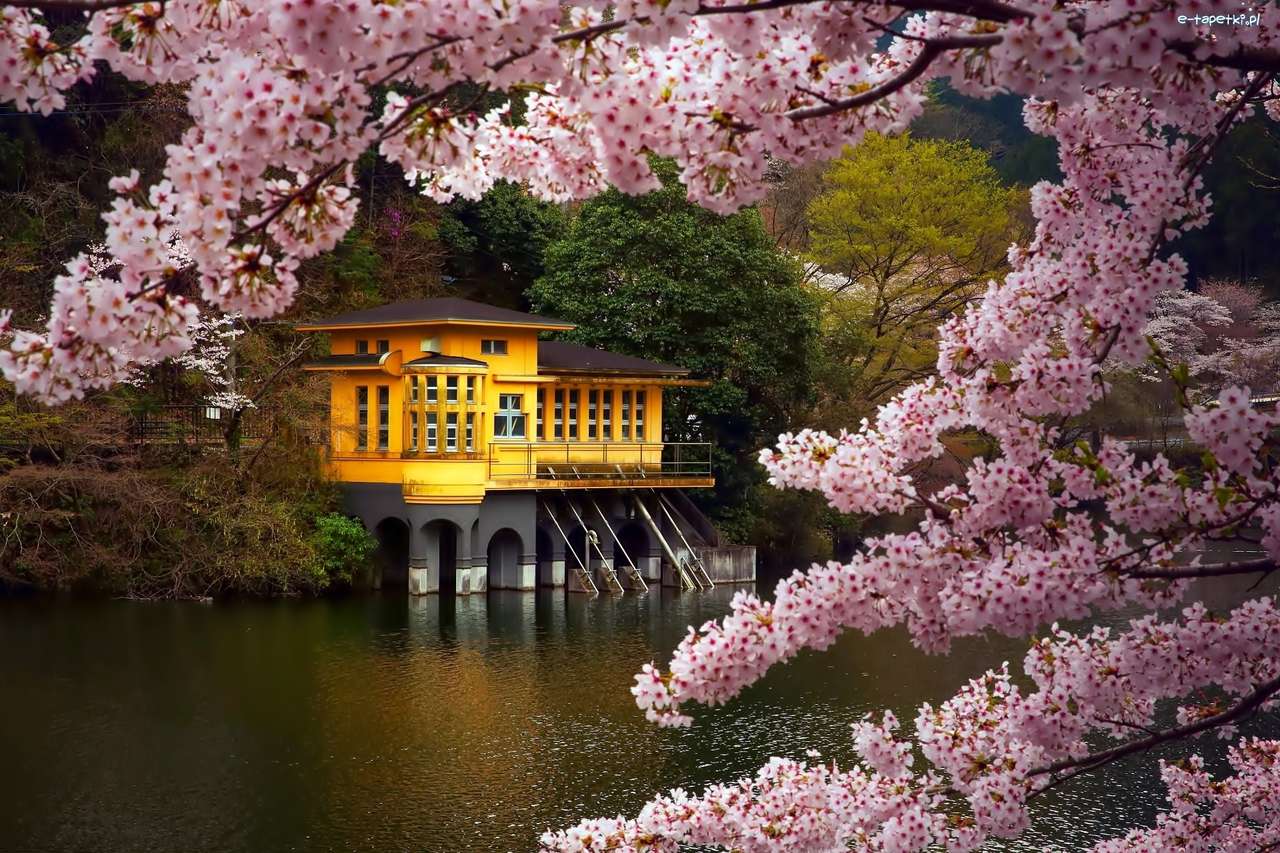 Japoński dom w lesie nad rzeką puzzle online
