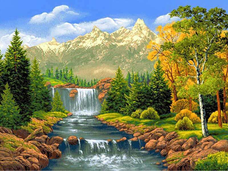 Cachoeira nas montanhas no outono quebra-cabeça