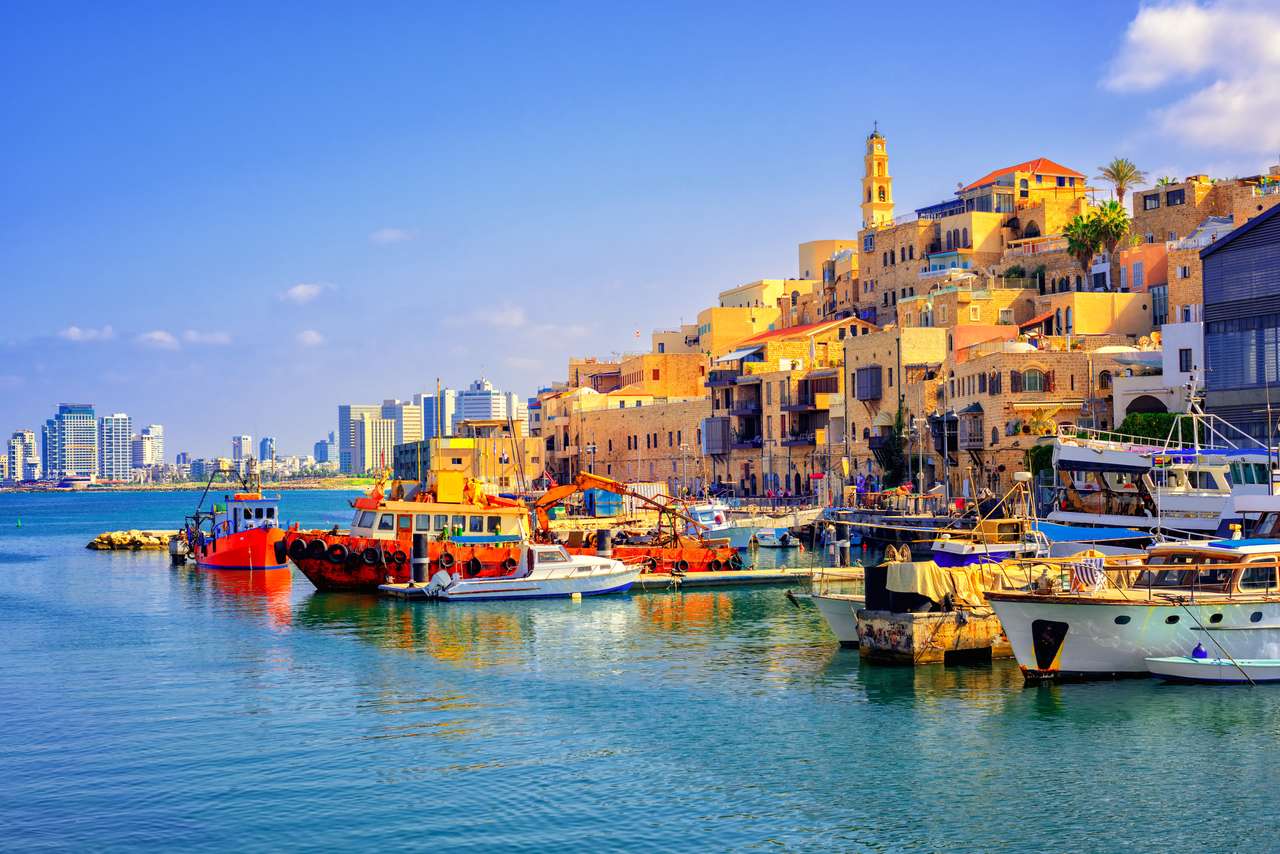 Stare miasto i port Jaffa i nowoczesna panoramę miasta Tel Aviv, Izrael puzzle online