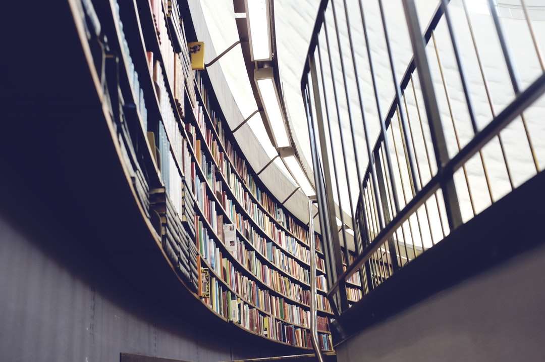Zdjęcie wnętrza architektonicznego biblioteki z książkami i półką puzzle online