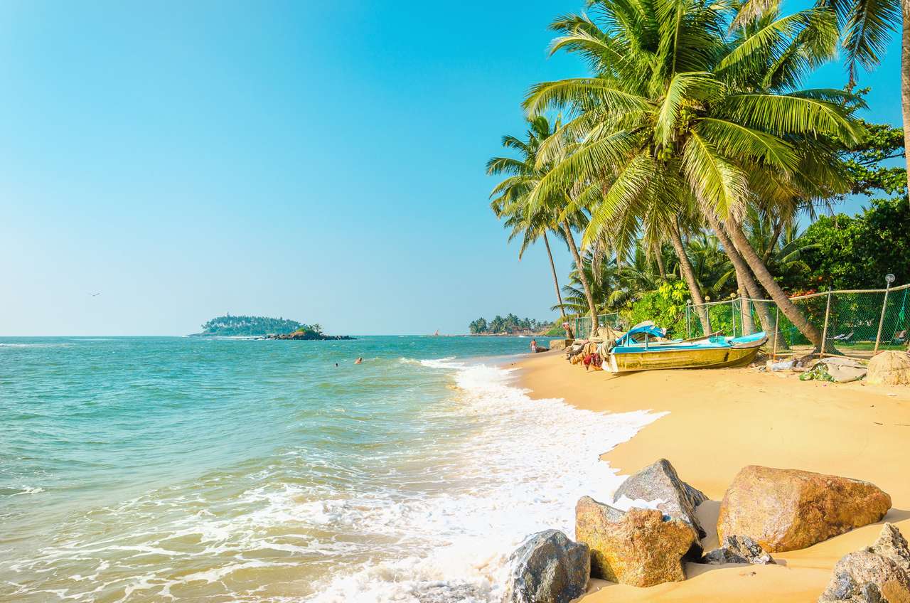 Piękna egzotyczna plaża pełna palmy przed lazurowym morzem i niebieskim niebem puzzle online