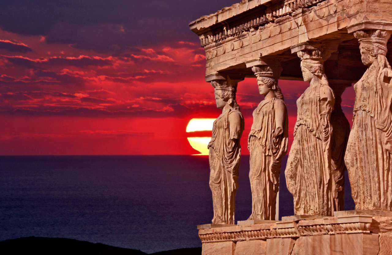 Magia Ateny z zachodem słońca i morzem. puzzle online