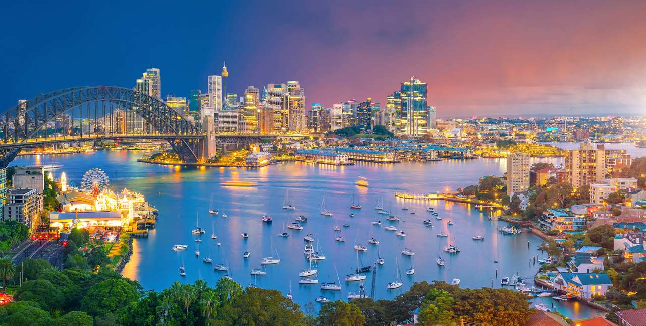 Panoramę centrum Sydney w Australii o zmierzchu puzzle online