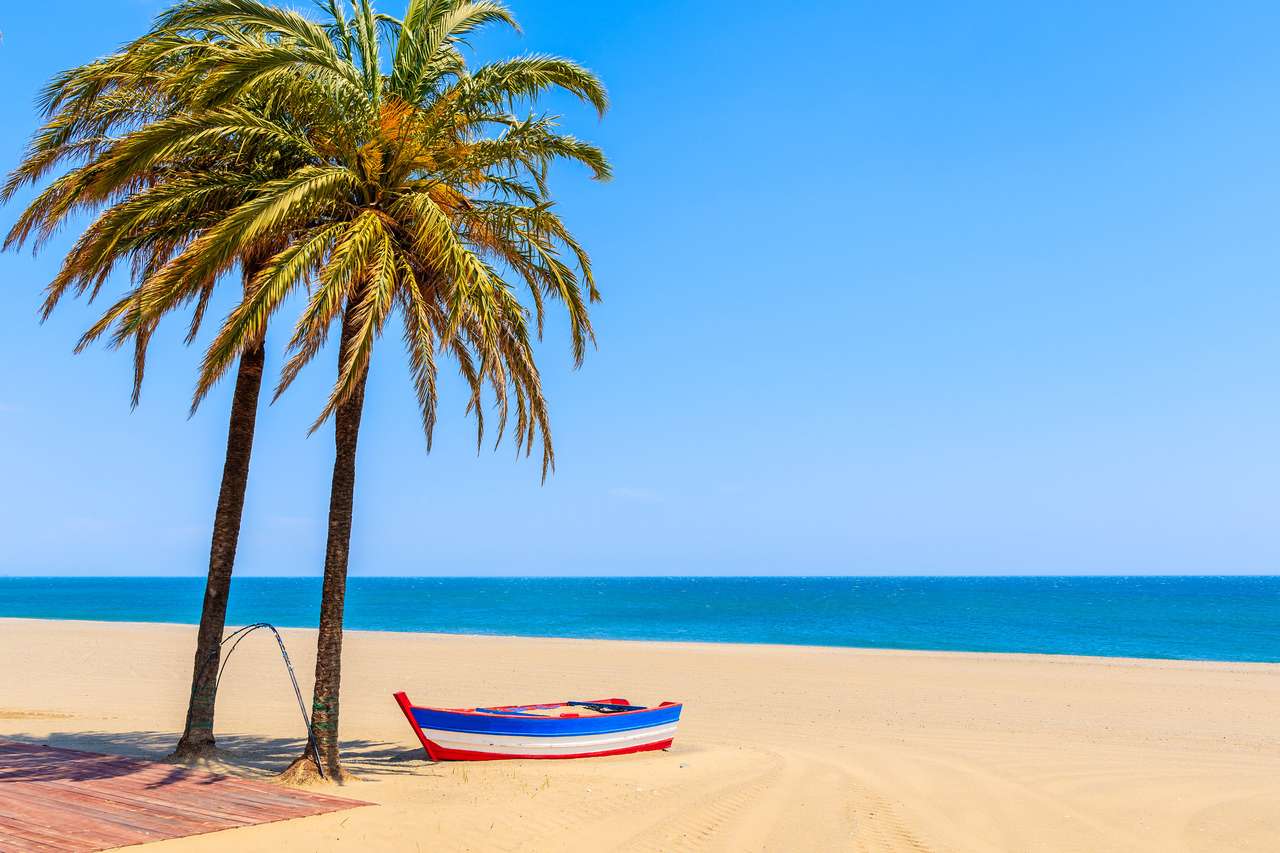 Łódź rybacka i palmy na piaszczystej plaży puzzle online