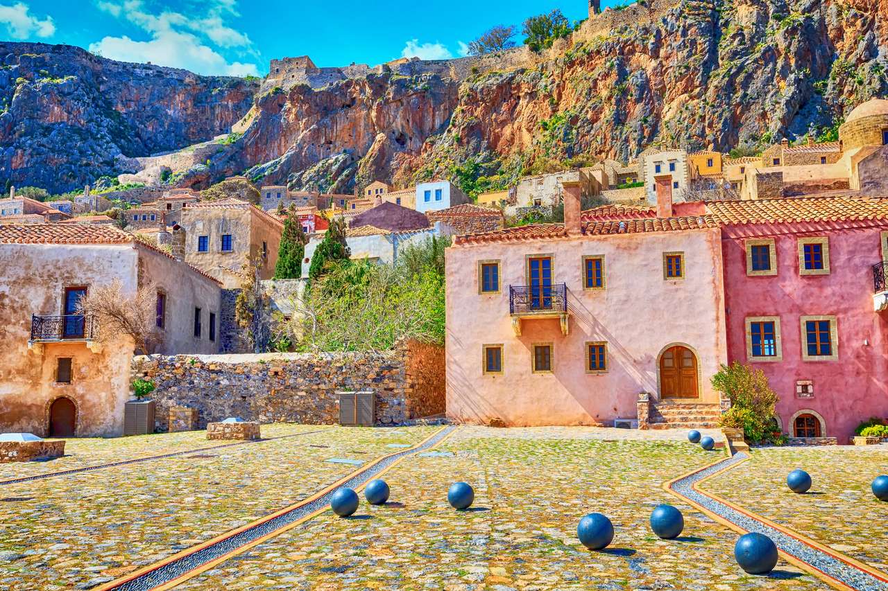 Square street view with old houses in Monemvasia jigsaw puzzle