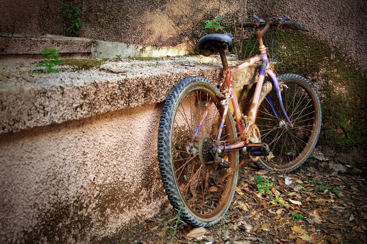 Старый ржавый велосипед, припаркованный у стены в парке пазл