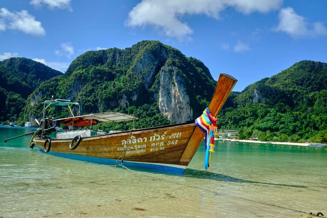 brązowa drewniana łódź na brzegu morza w ciągu dnia puzzle online