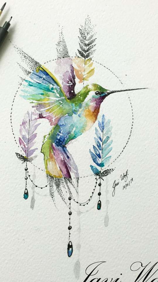 Kolorowe kolibry w akwareli puzzle online
