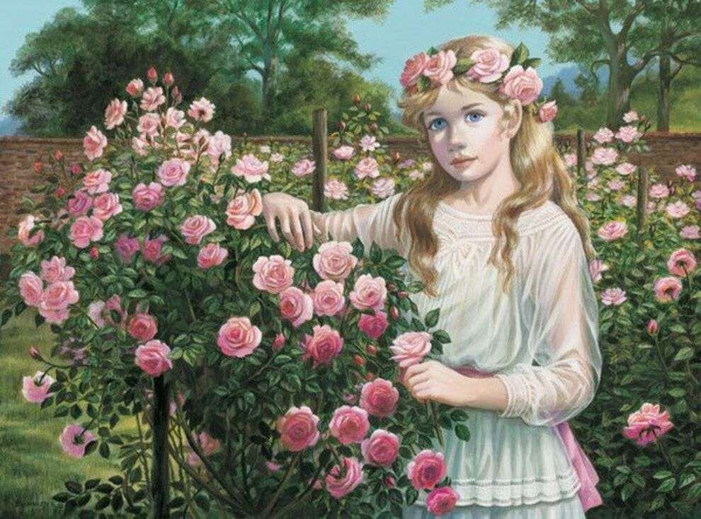 Młoda dziewczyna w pobliżu krzewu różanego. puzzle online