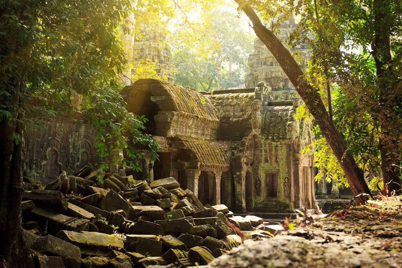 Niesamowity widok na ruiny świątyni Ta Prohm w Angkor, Siem Reap puzzle online