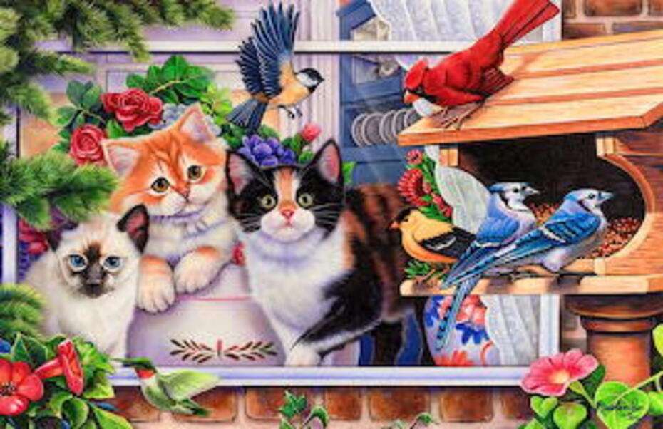 Kocięta z małymi ptaszkami puzzle online