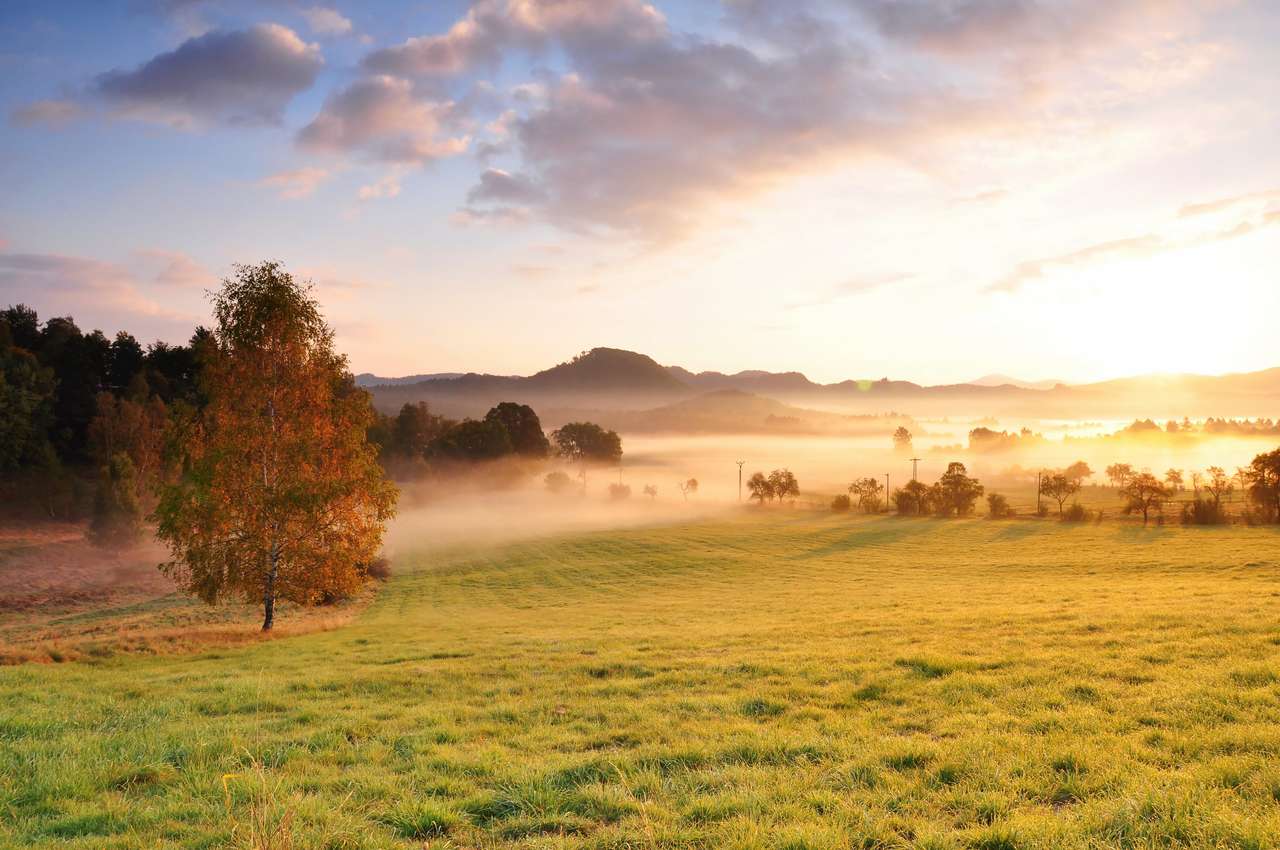 Jesienna mgła i piękne poranne słońce w krajobrazie puzzle online