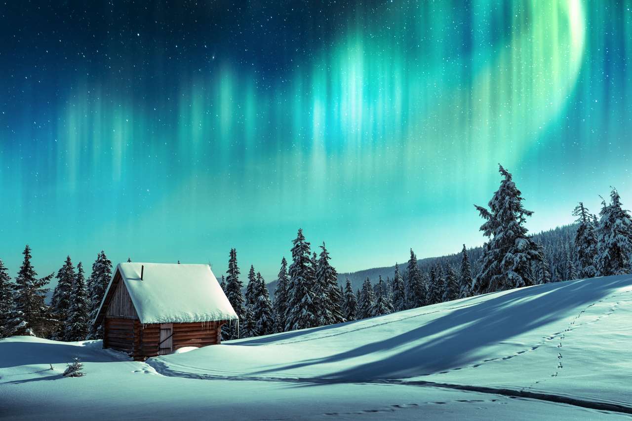 Fantastyczny zimowy krajobraz z drewnianym domem puzzle online