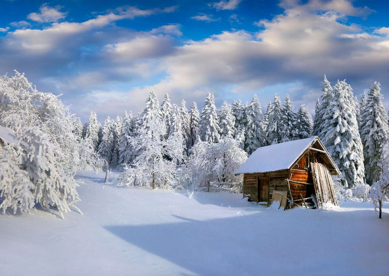Słoneczny zimowy poranek w karpackiej wiosce puzzle online