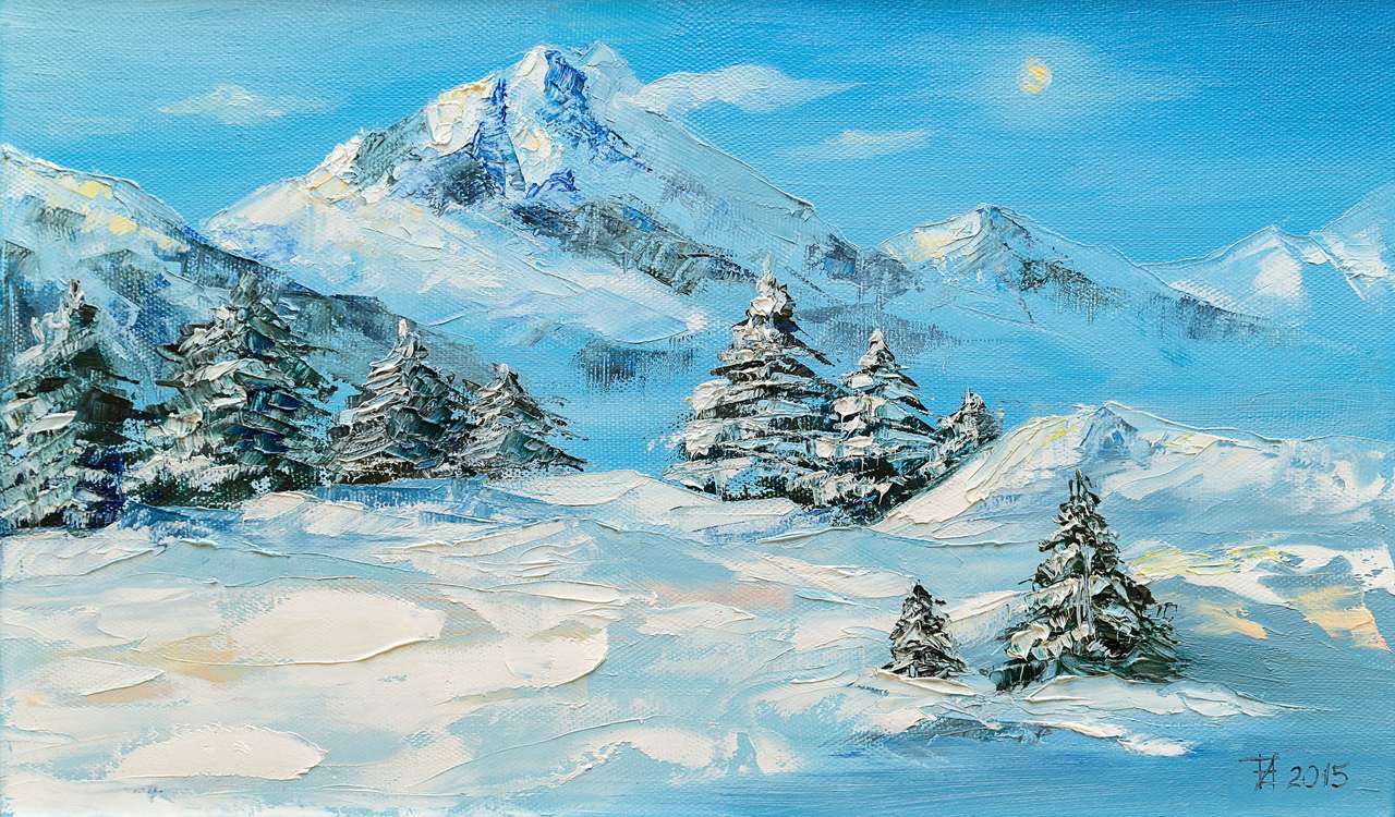 Zimowy krajobraz górski ze świerkiem puzzle online