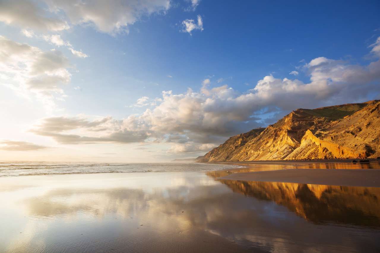 Piękny zachód słońca na plaży Ocean Beach, Nowa Zelandia puzzle online