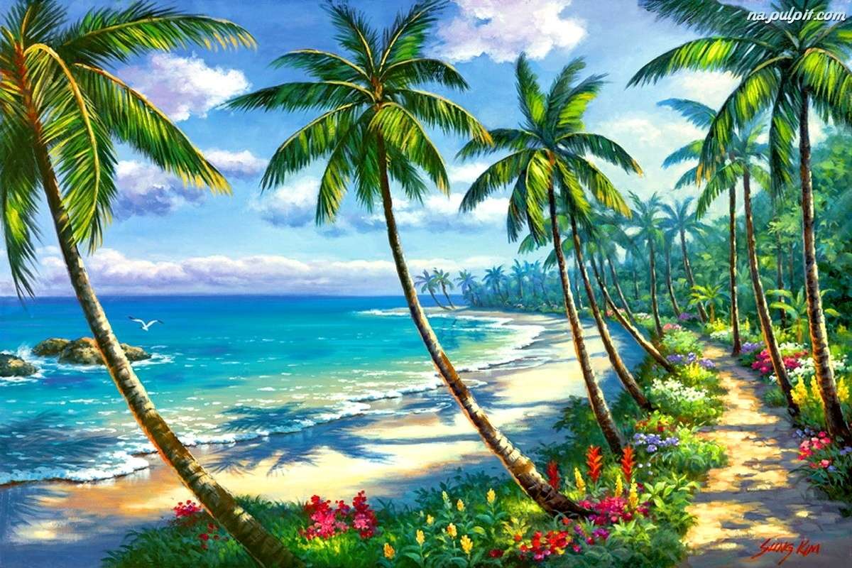 Plaża, palmy, morze puzzle online