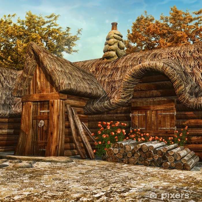 Drewniana chata ze słomianym dachem puzzle online